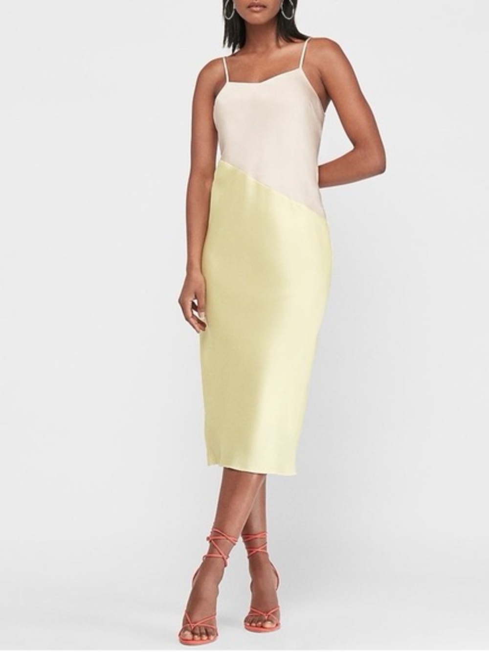 Express Diagonal Two-Tone Slip Midi Dress in Cream and Pale Yellow